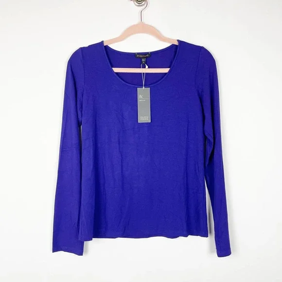 NWT Eileen Fisher Scoop Neck Tee Blue Violet Indigo Long Sleeve - Picture 1 of 14